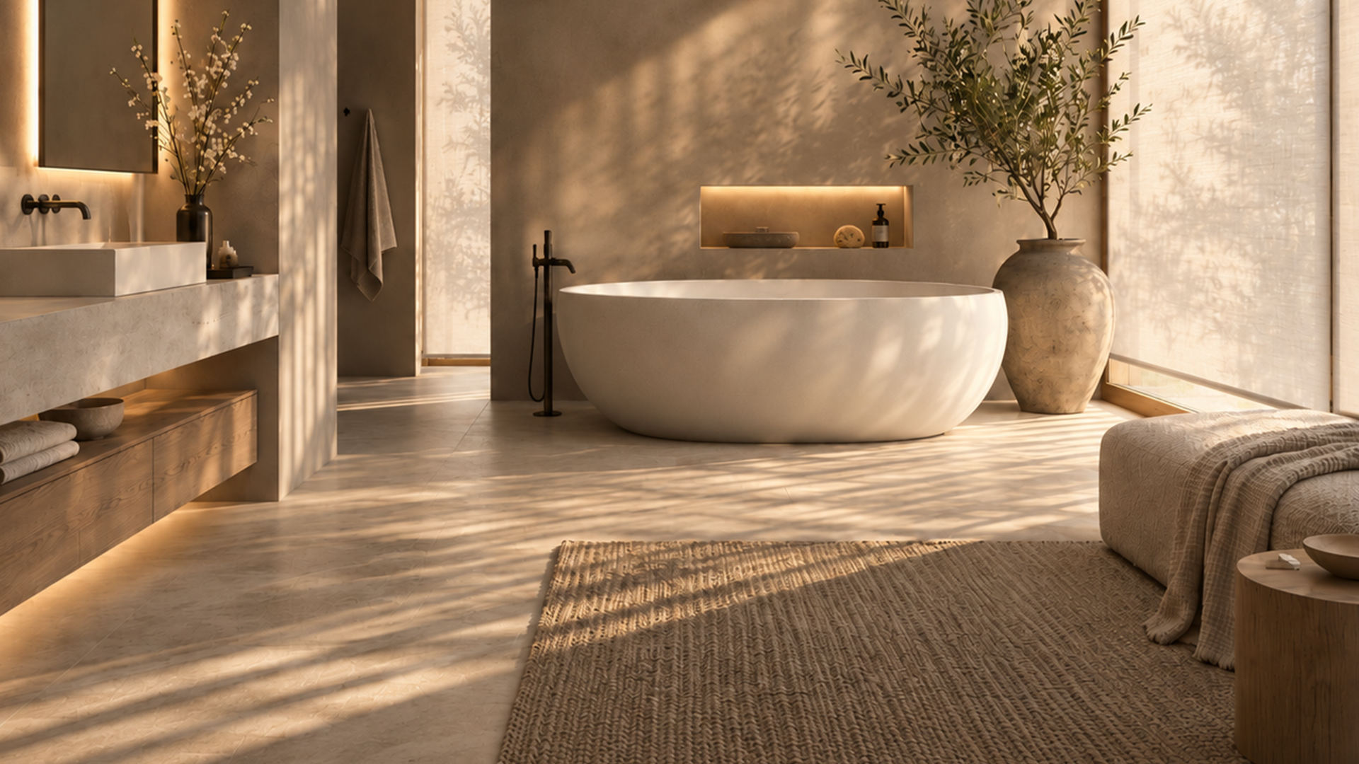 Warm sunlight filtered through window shades across a refined bathroom with a freestanding bathtub